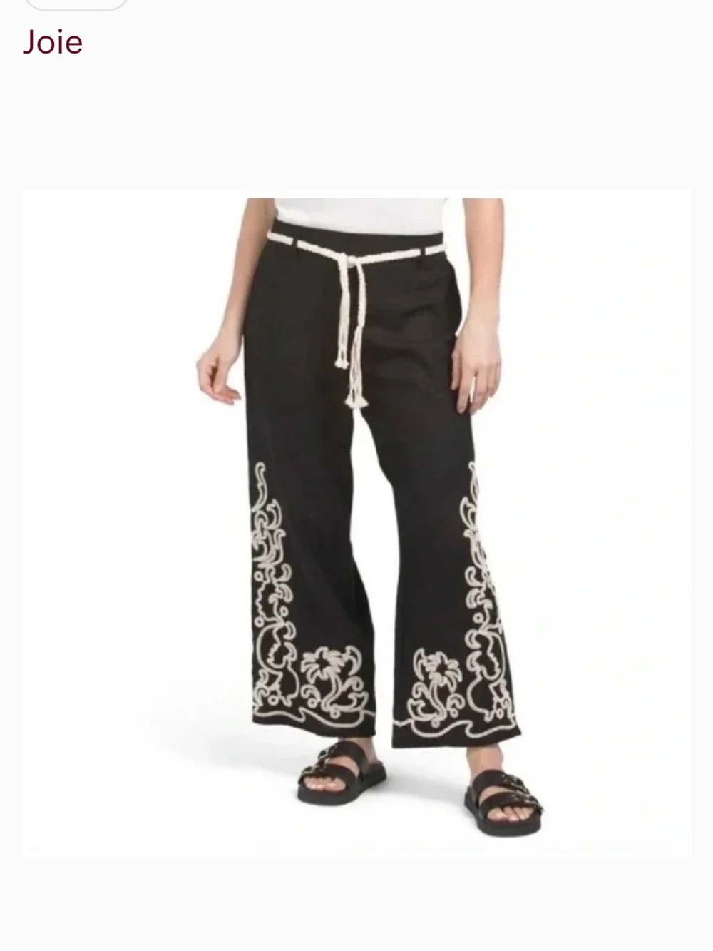 NWOT Anthropologie Joie Black Wide-Leg Pants with Cream Embroidered Hem